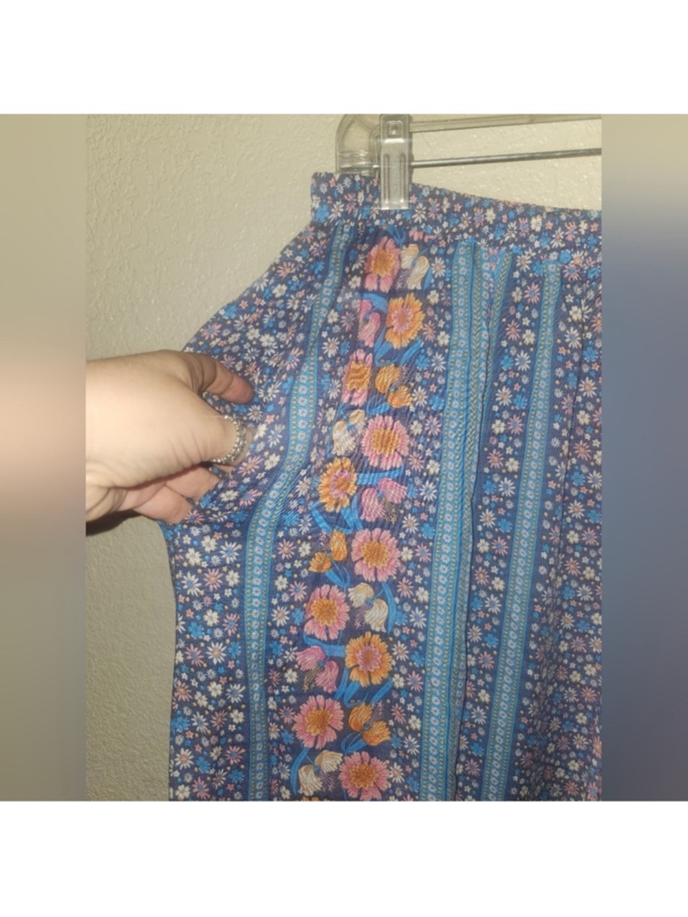 easel Blue Floral Patchwork Wide leg boho pants  with Orange Trim NWOT - Picture 10 of 15